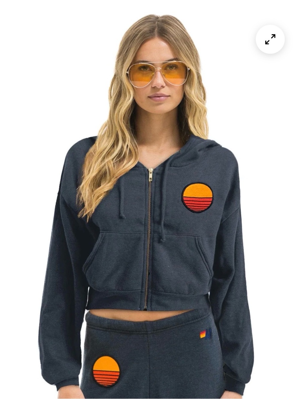 Aviator Nation Blue Cropped Zip Hoodie with Orange Sunset Patch